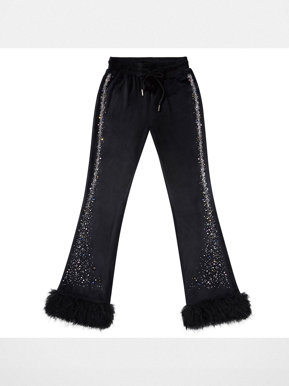 CFIERCE Rhinestone Velvet Flared Pants in Black