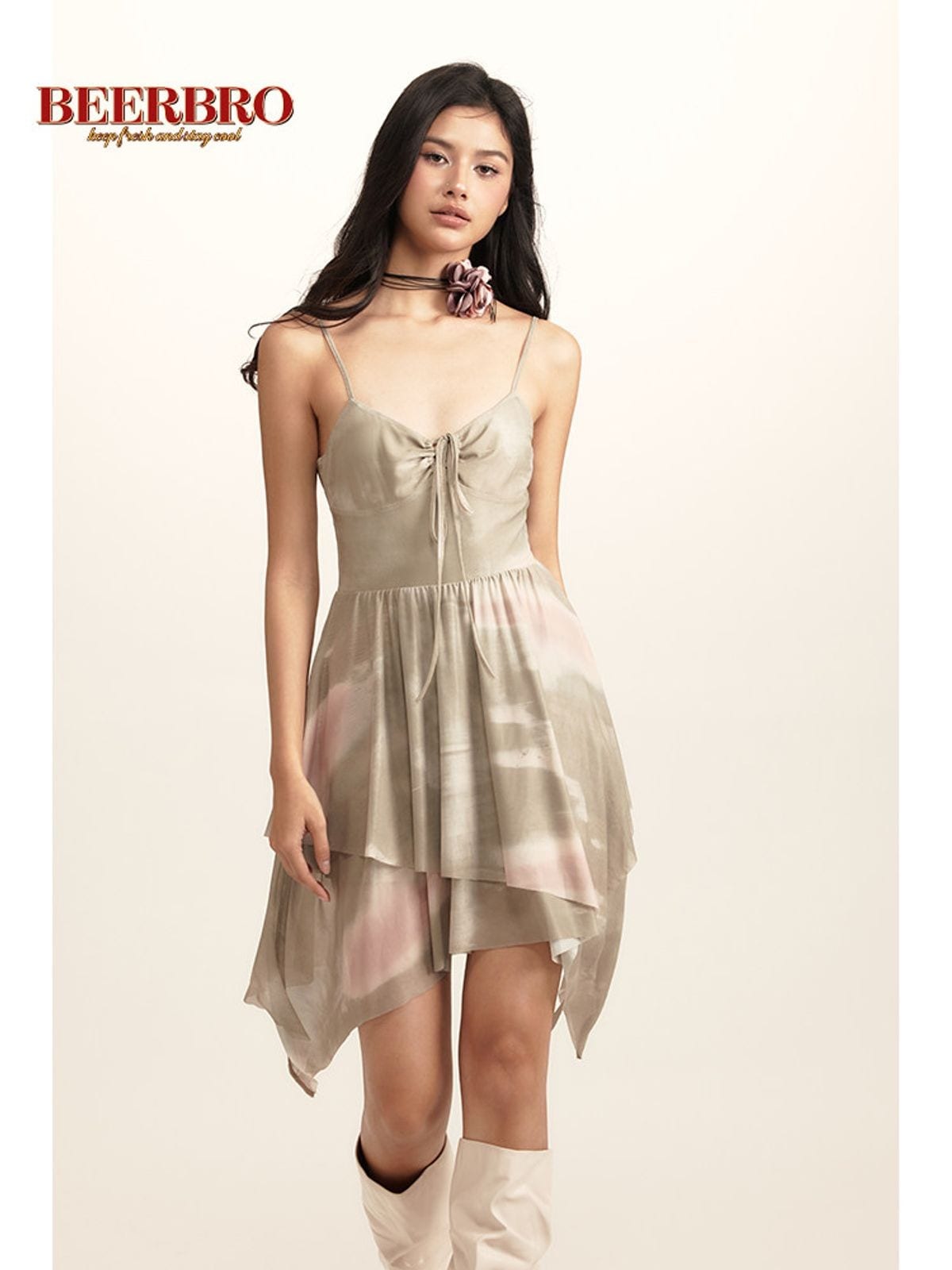 Beer Bro Tie Dye Mesh Ruched Cami Dress in Mint - On Model