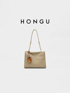 HONGU Leather Chain Strap Shoulder Bag in Beige