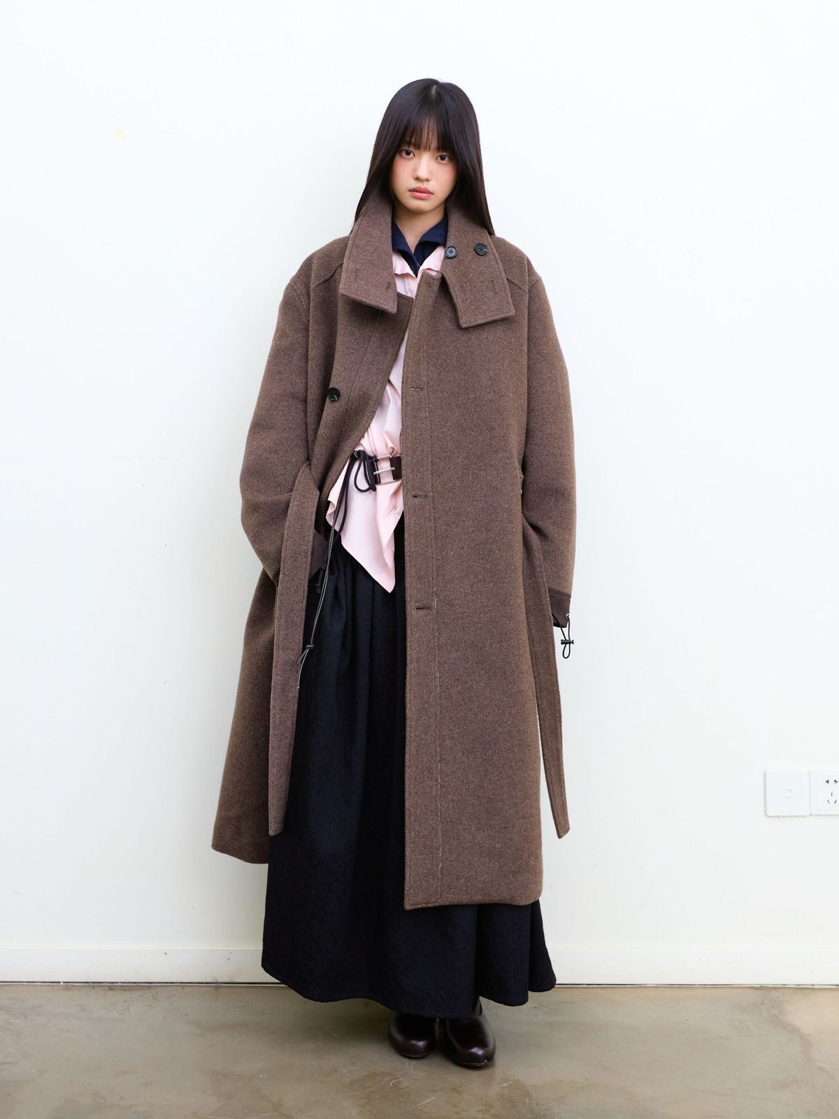 NeverSeez Asymmetric Raw Edge Wool Coat in Coffee - On Model