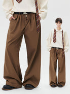 LOSTCTRL Button Front Straight Leg Trousers in Brown - On Model
