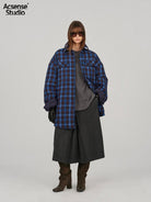 Acsense Studio Padded Plaid Shirt Jacket in Blue - On Female Model