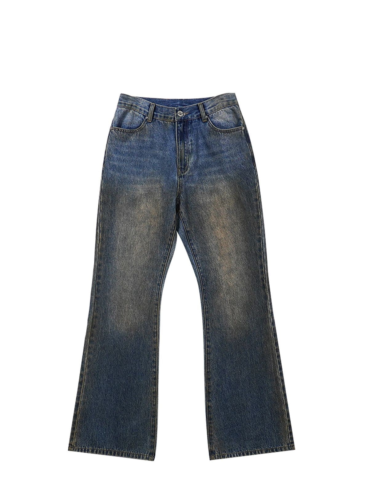 BLINDNOPLAN Mud Washed Distressed Micro Flare Jeans in Blue