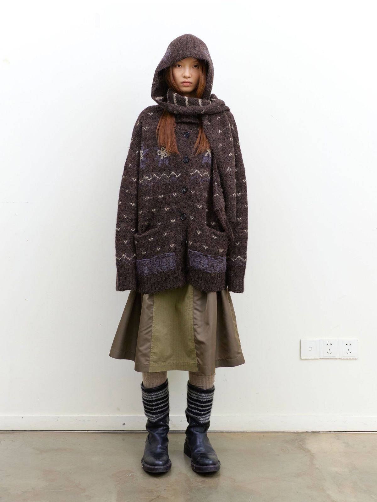 NeverSeez Hand Stitched Fair Isle Cardigan in Brown - On Model