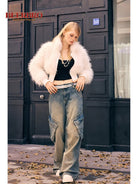 BeerBro Shaggy Faux Fur Cropped Jacket in White - On Model