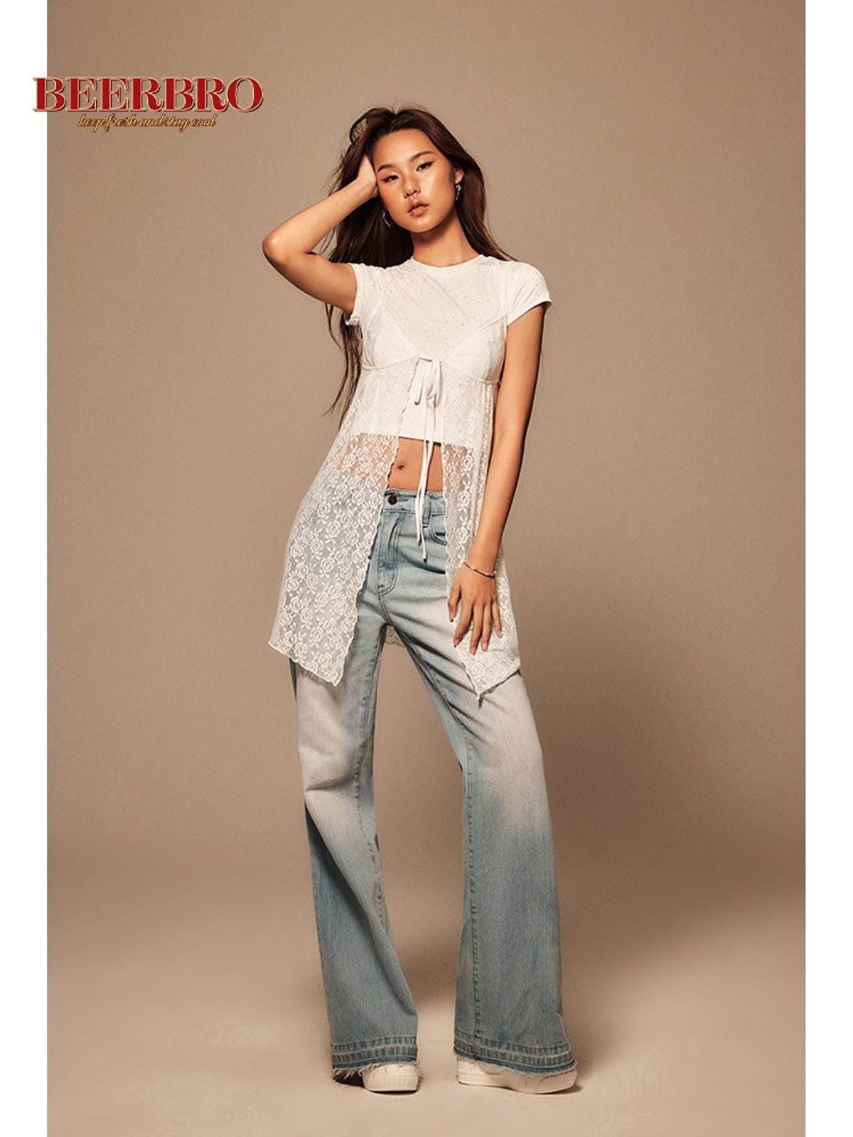 Beer Bro Tie Front Split Lace Camisole in White - On Model