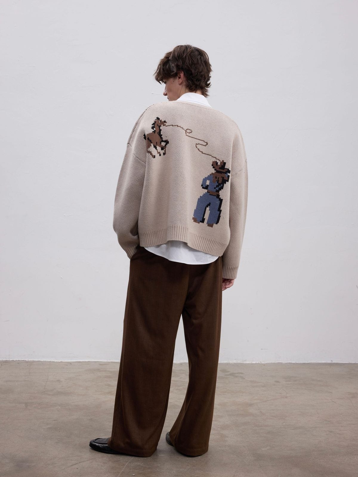 Aftertaste Cowboy Jacquard Cardigan in Beige - On Model