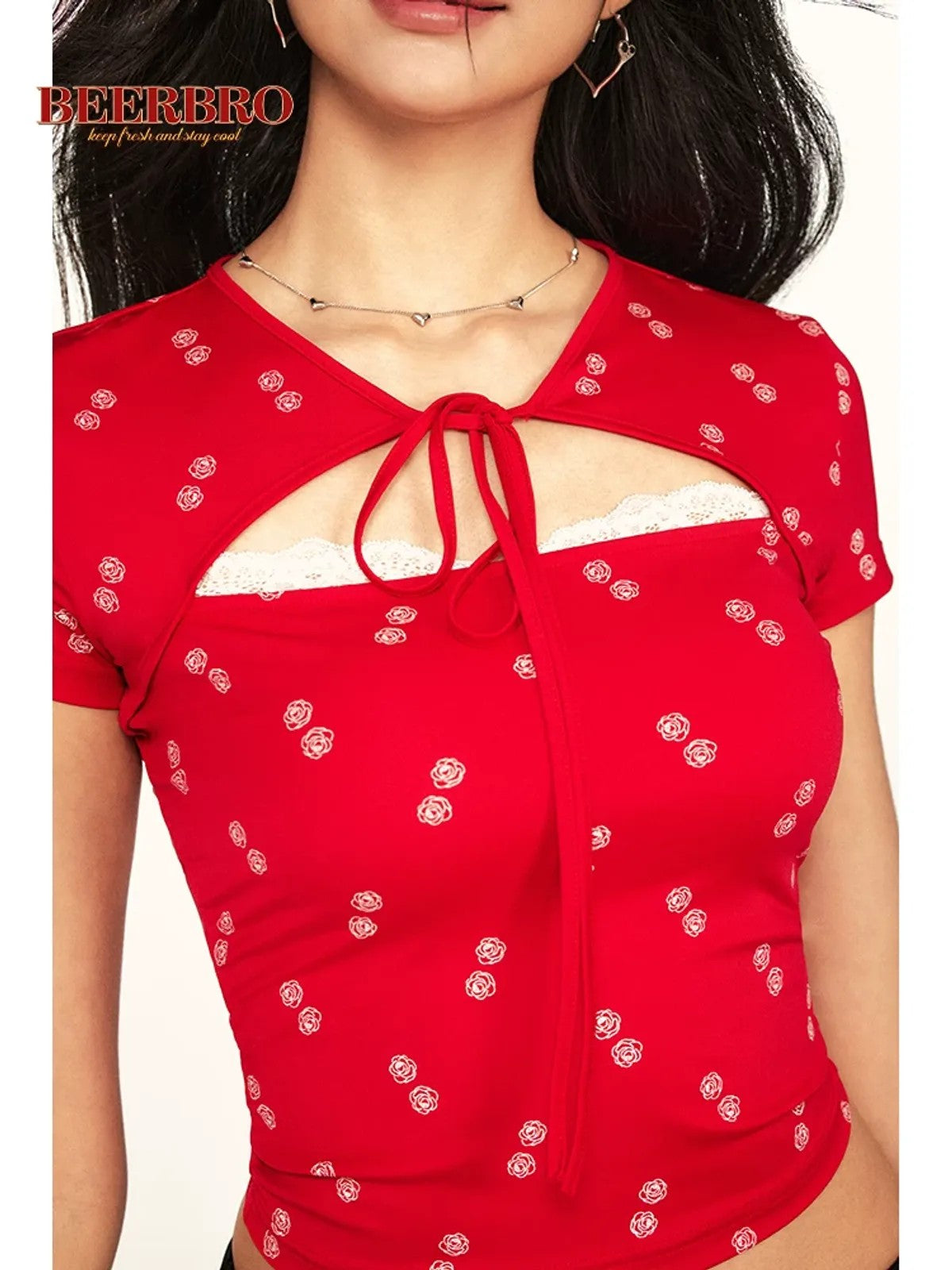 BeerBro Rose Print Cutout Tee in Red