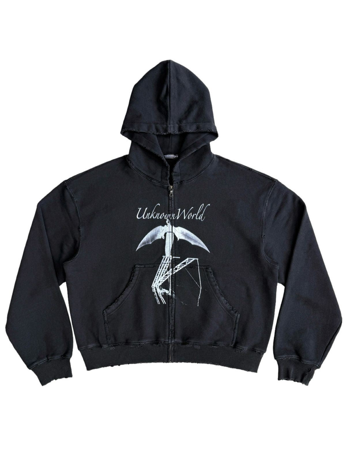 UNKNOWNWORLD Distressed Bat Print Zip Up Hoodie in Black
