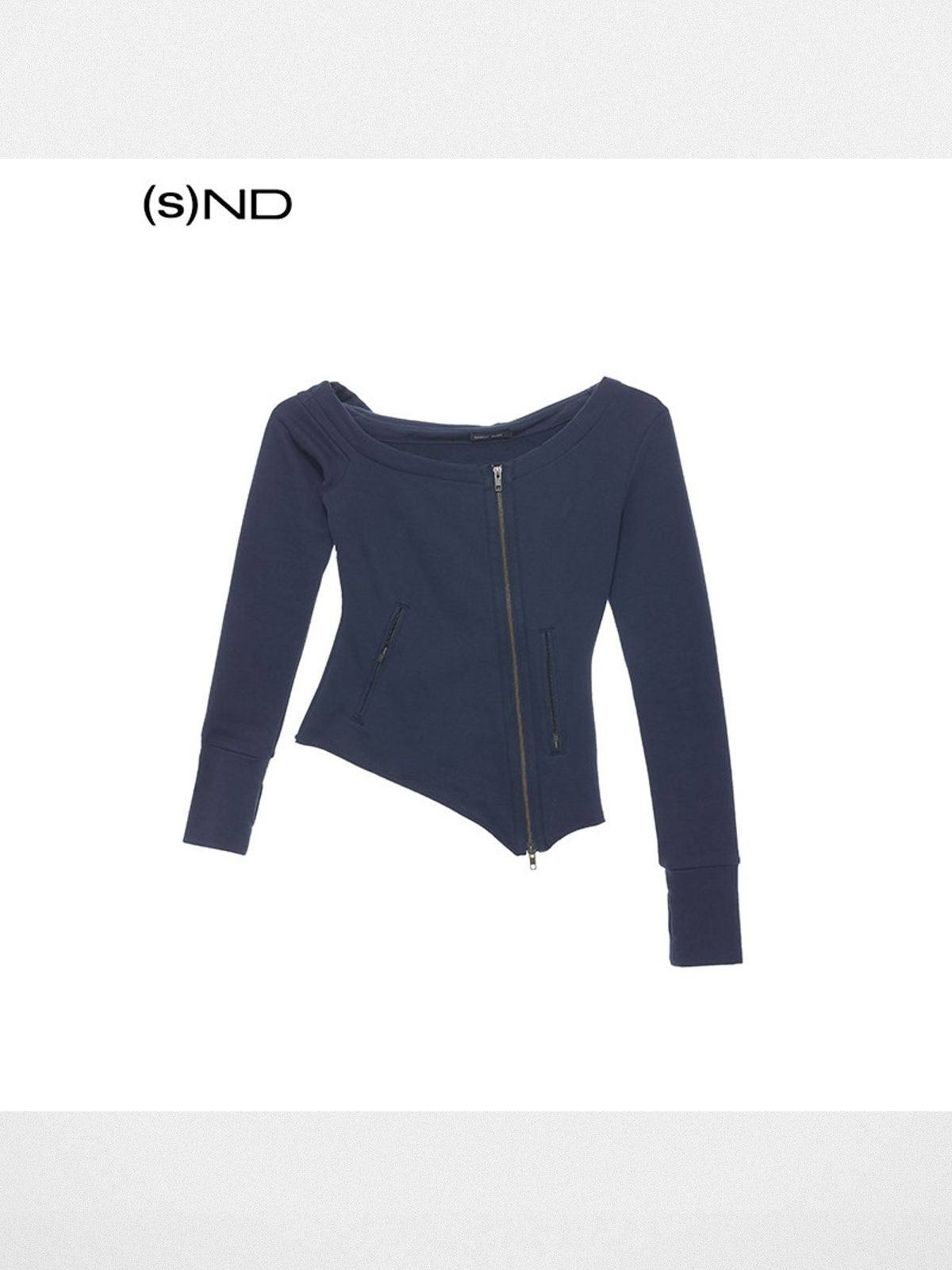 RARELY ALIKE Asymmetric Zip Off Shoulder Sweatshirt in Navy Blue
