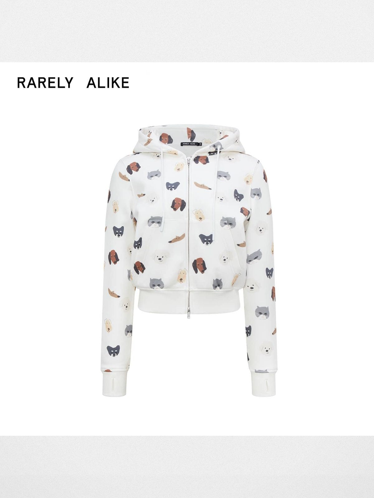 RARELY ALIKE Cat Dog Print Cropped Zip Hoodie in White