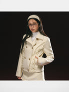 ARISEISM Lace Trim Double Breasted Jacket in Off-White - On Model