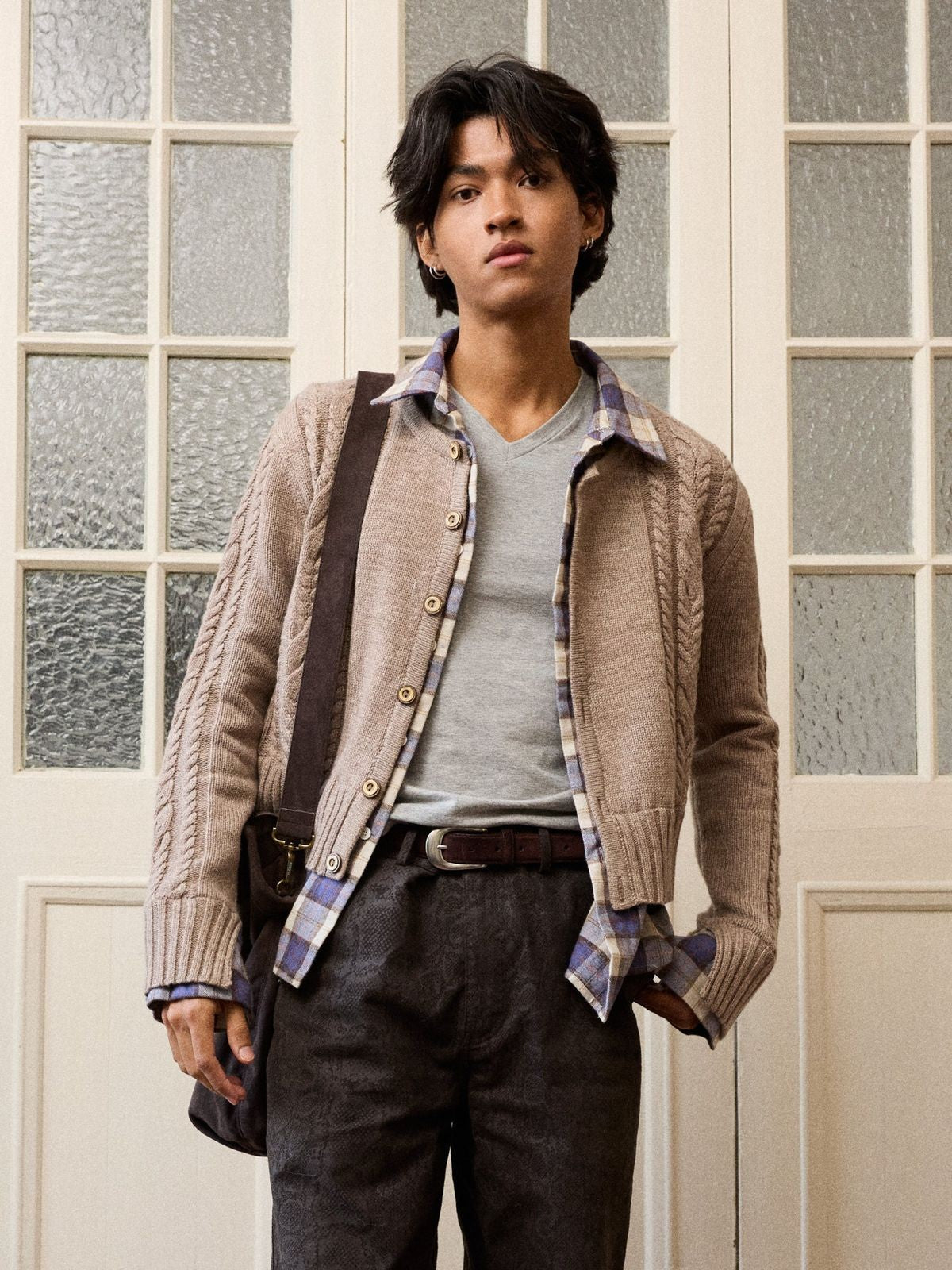 Retro 21 Wool Cable Knit Mock Layer Cardigan in Khaki - On Model