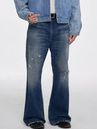 AFterTaste Hand Stitched Micro Flare Jeans in Blue - On Model