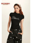 BeerBro Pearl Rhinestone Graphic Baby Tee in Black - On Model