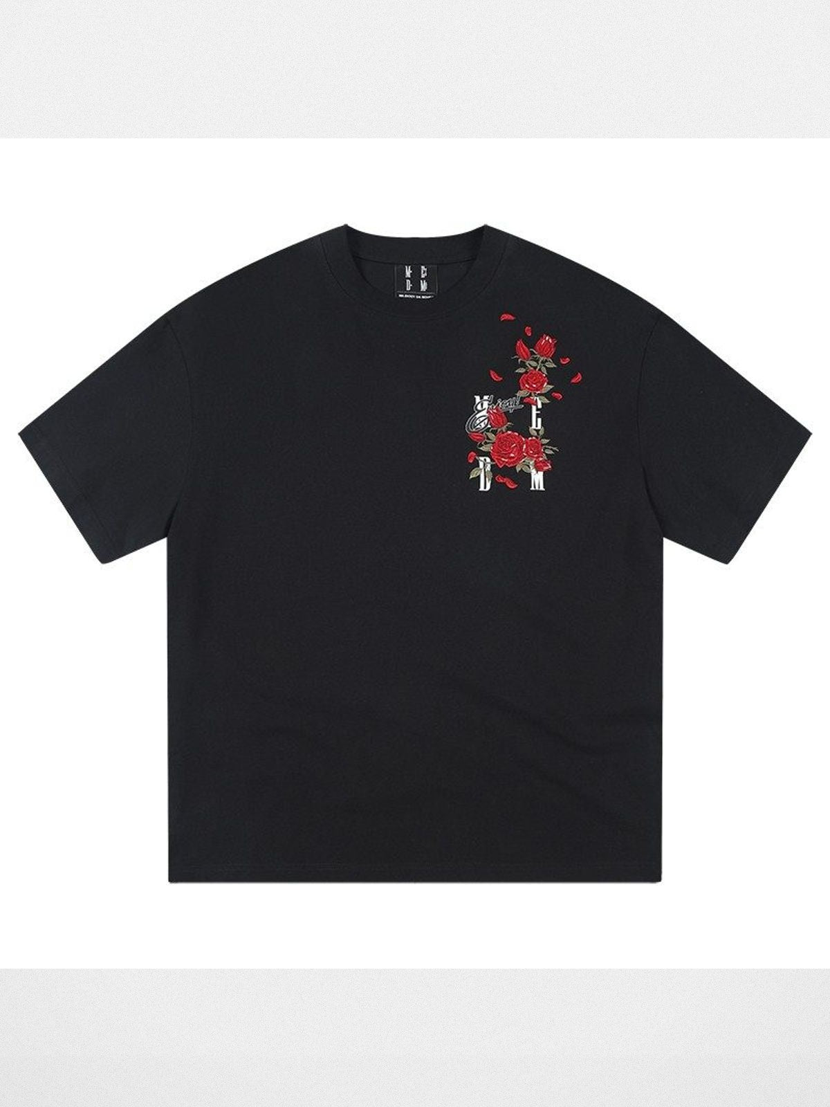 MEDM Rose Embroidered Cotton T Shirt in Black