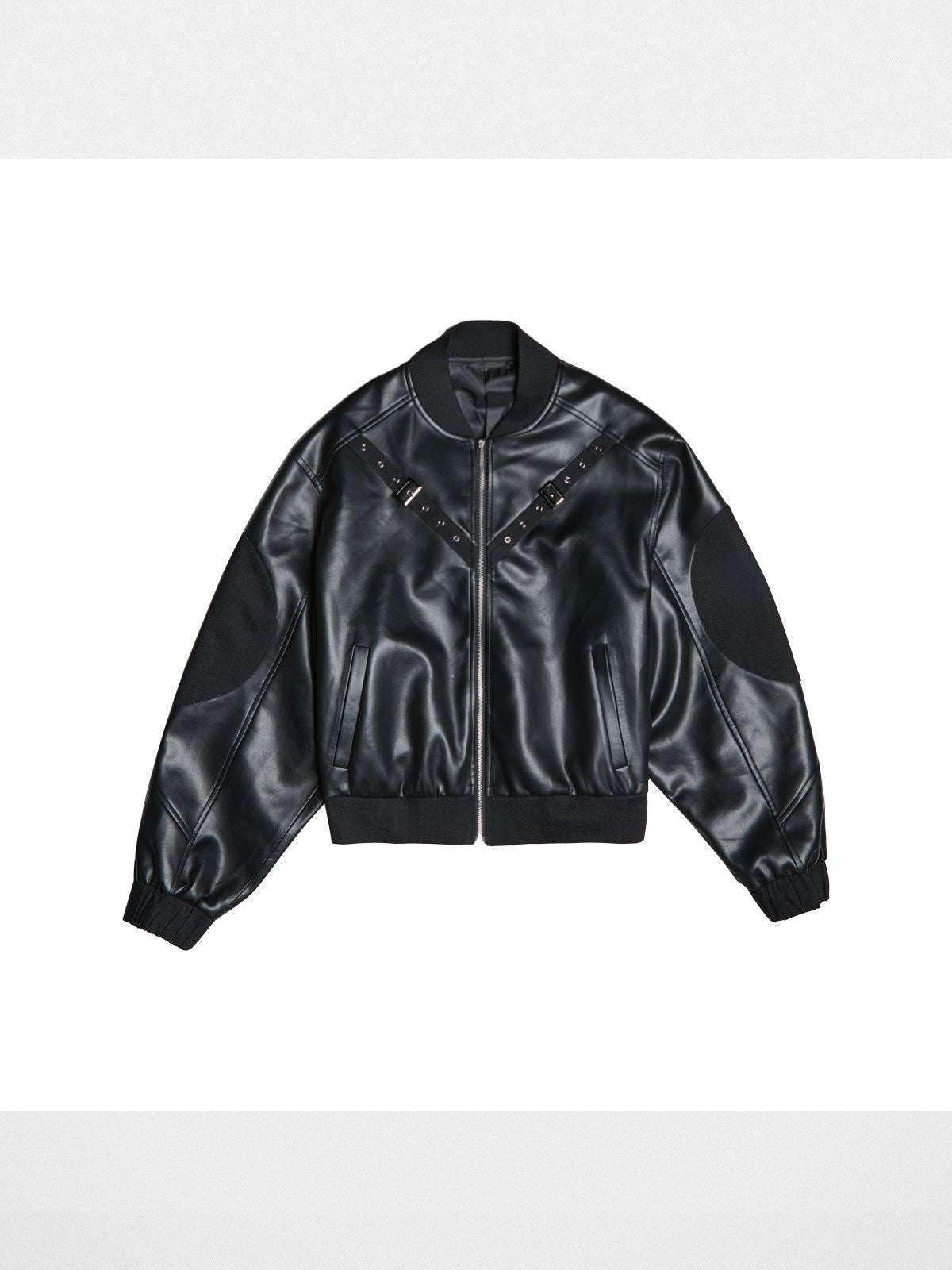 THELIGHT OFFICIAL Buckled Faux Leather Varsity Jacket in Black