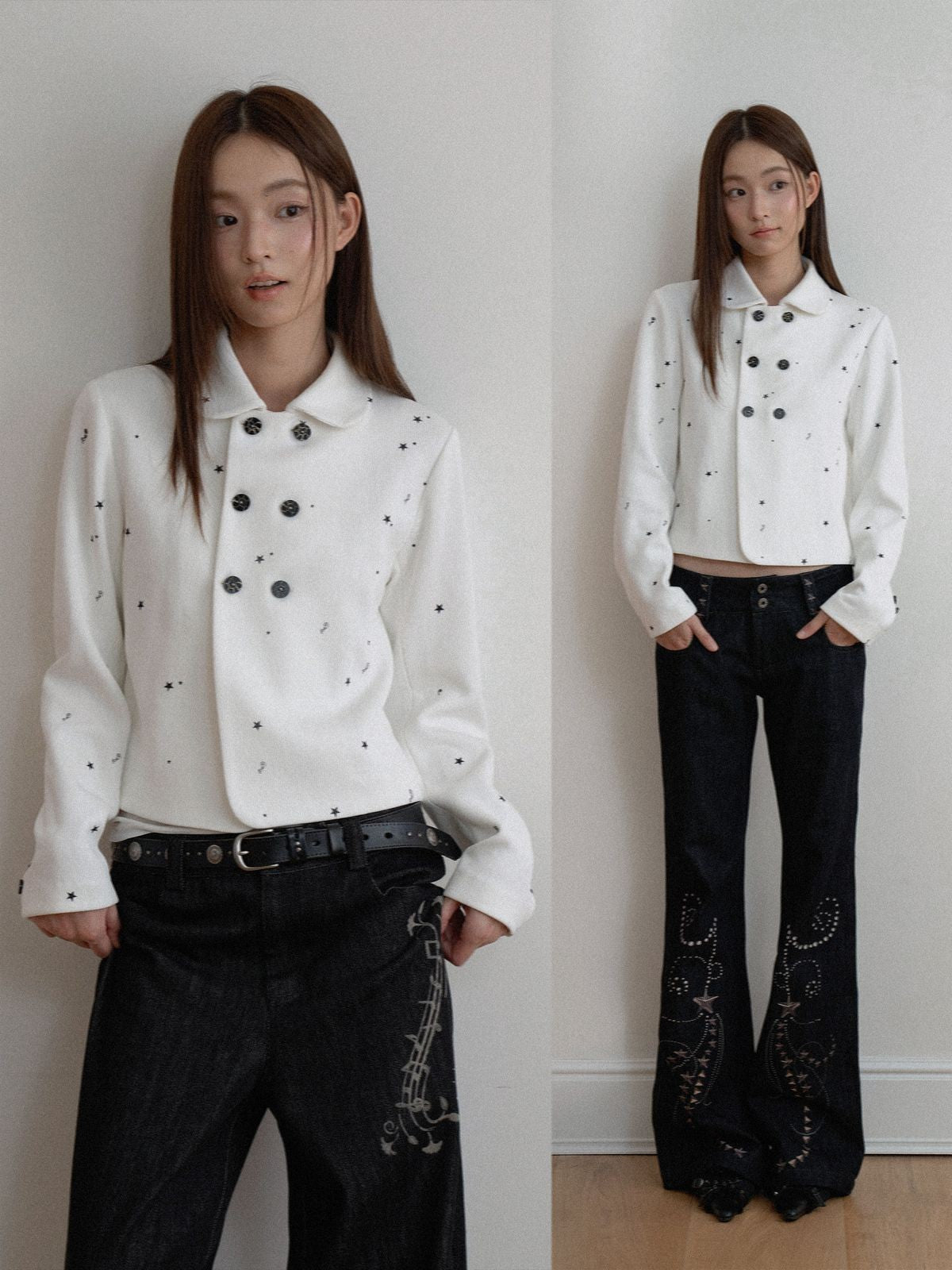 THELIGHT OFFICIAL Star Pattern Double Breasted Jacket in White - On Model