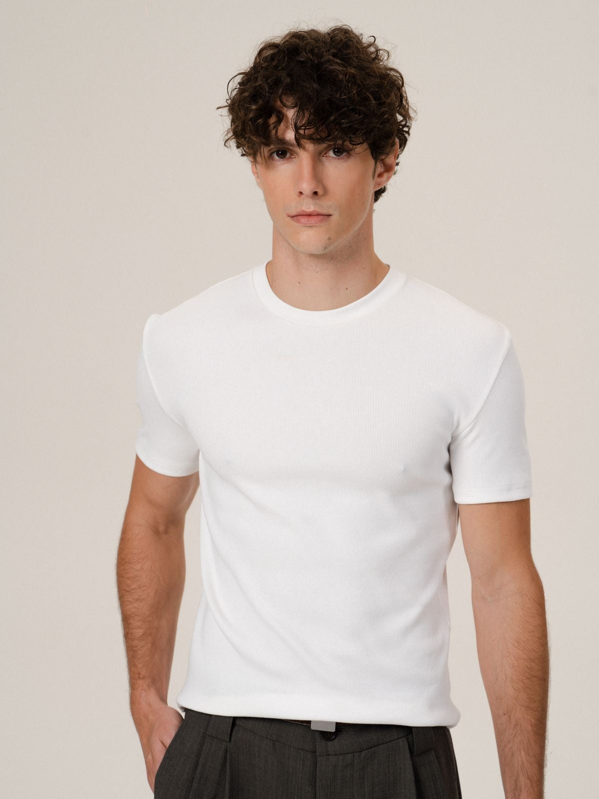 Retro 21 Ribbed Cotton Crew Neck T Shirt in White - On Model
