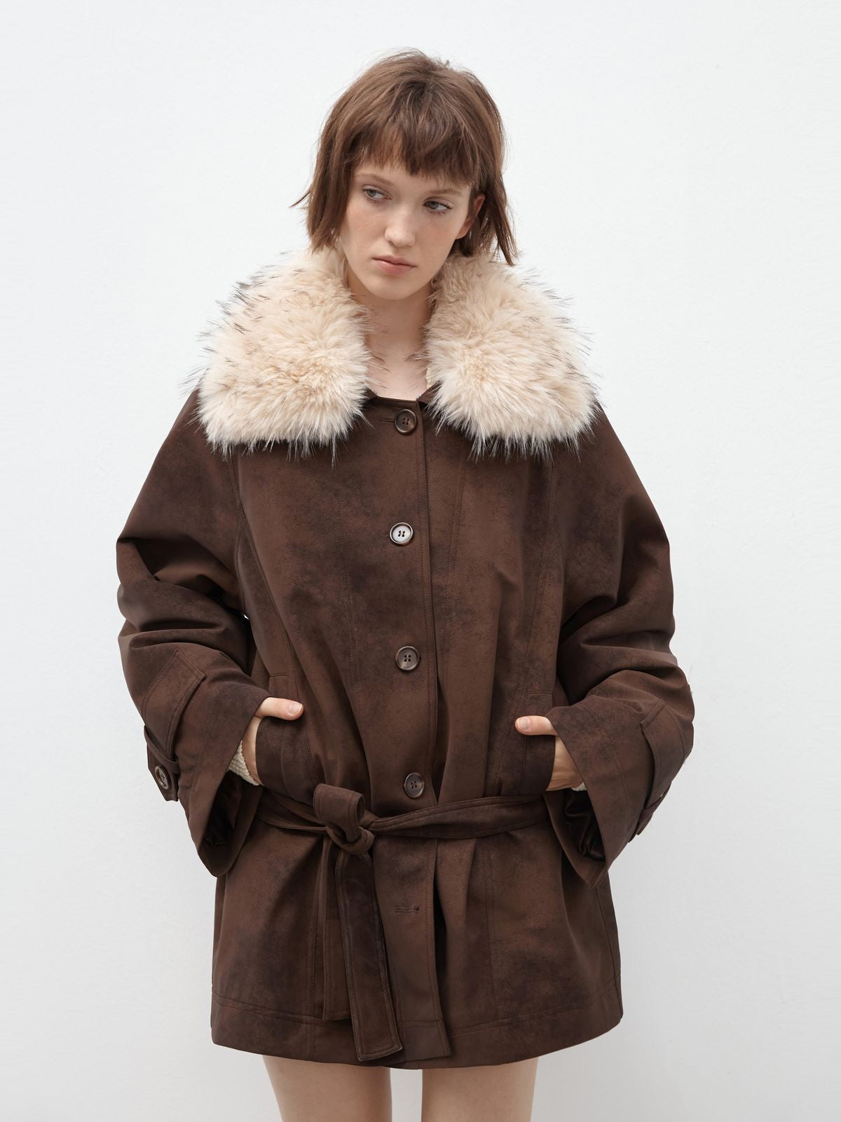 PUKI Belted Faux Suede Parka with Fur Collar in Brown - On Model