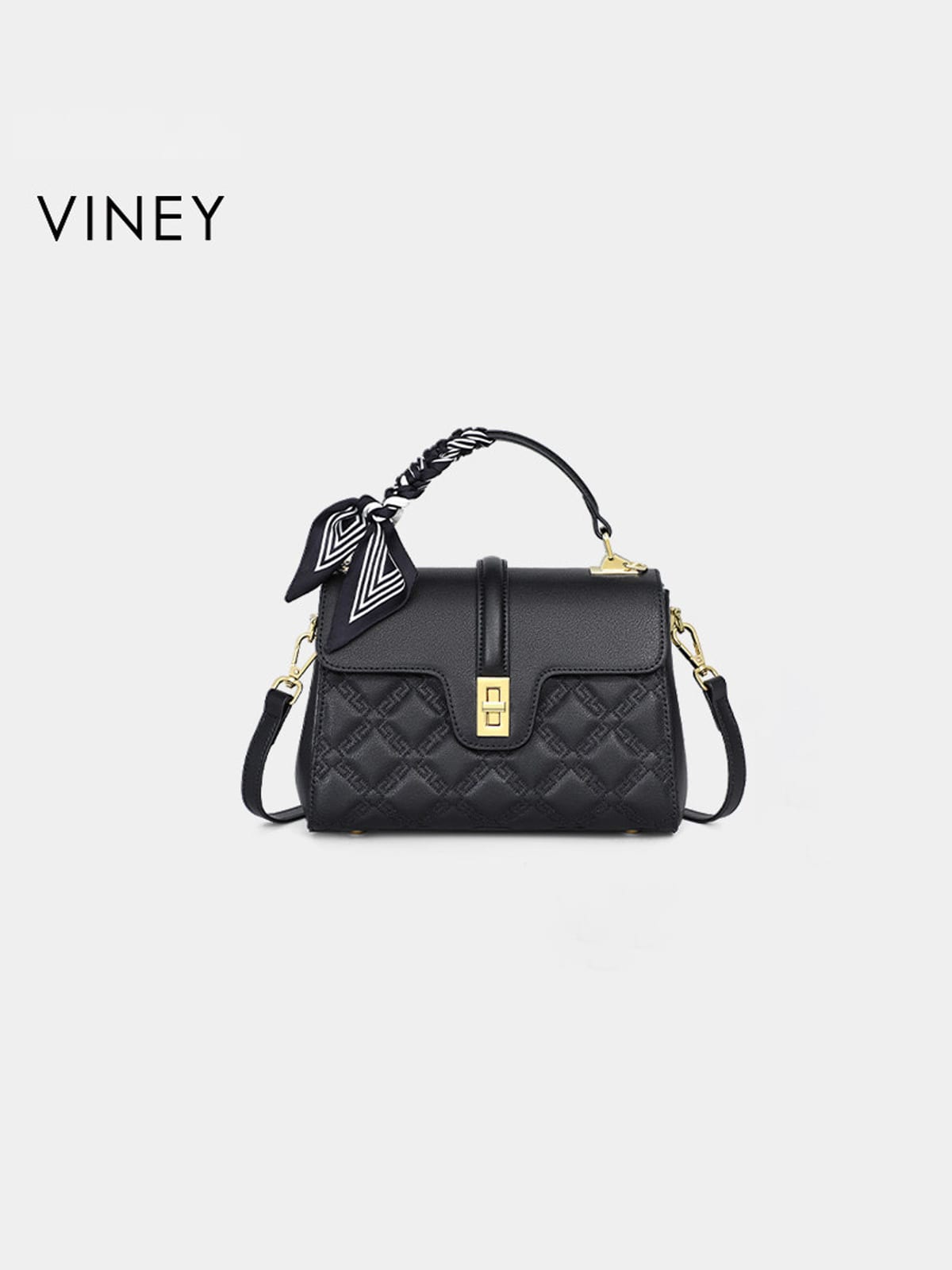 VINEY Quilted Leather Top Handle Bag in Black