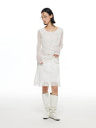 THELIGHT OFFICIAL Ruched Grid Mesh Layered Top in White - On Model