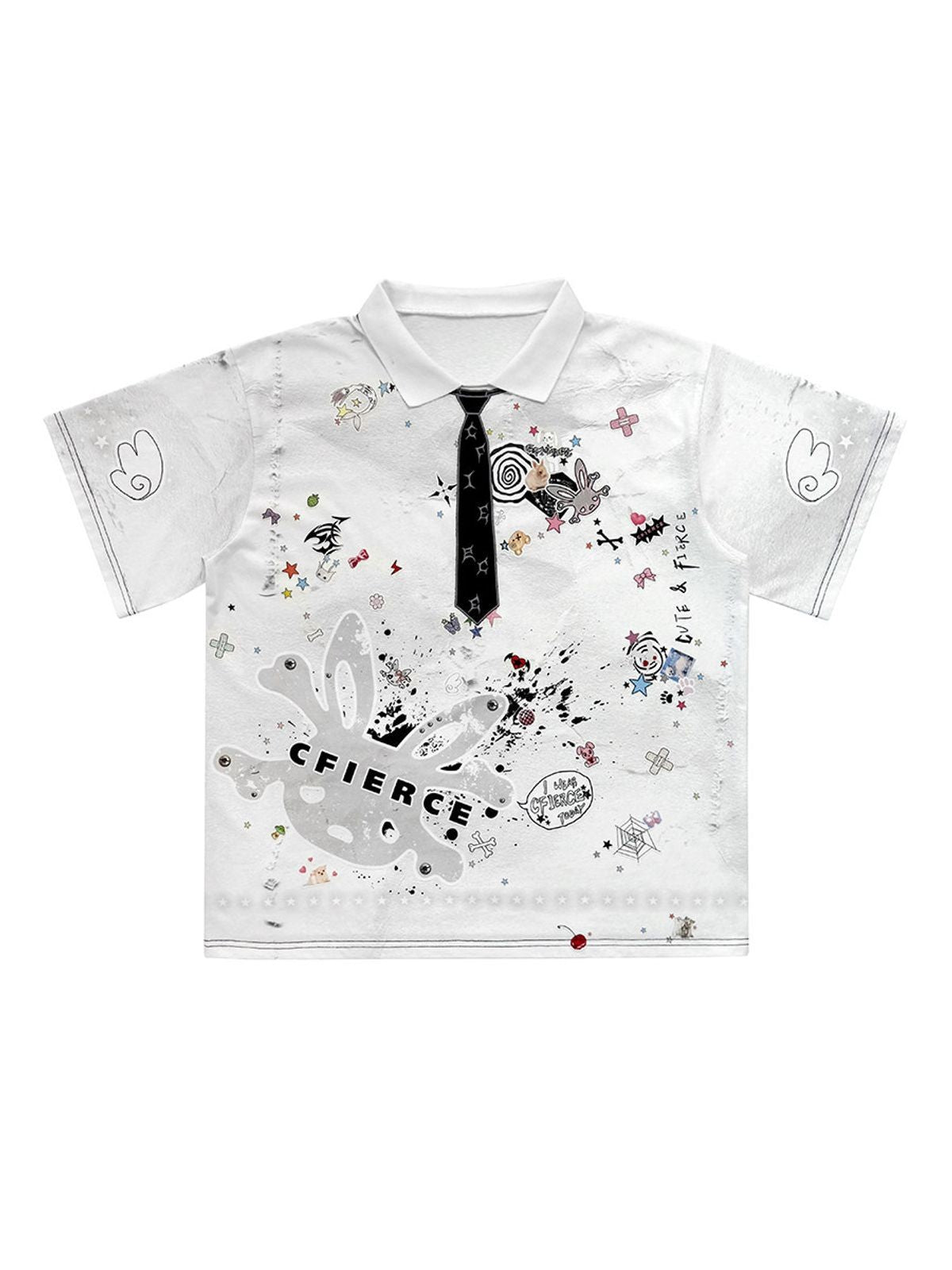 CFIERCE Sticker Print Polo with Embroidered Tie in White