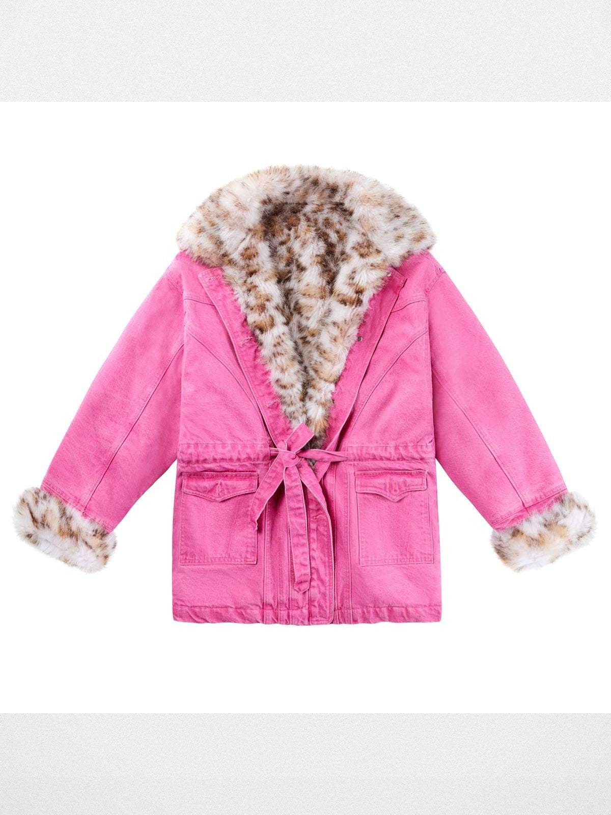 CFIERCE Leopard Lined Pink Denim Jacket in Hot Pink