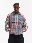 BLINDNOPLAN Plaid Spliced Pullover Hoodie in Blue - On Model