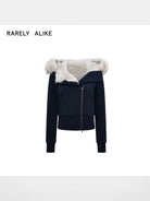 RARELY ALIKE Asymmetrical Plush Lined Jacket in Navy Blue