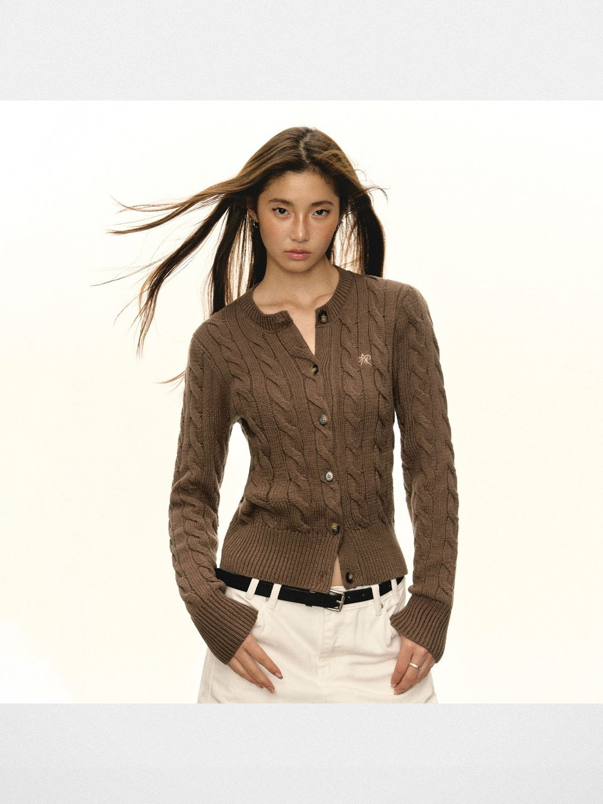 Ariseism Cotton Blend Cable Knit Cardigan in Brown - On Model