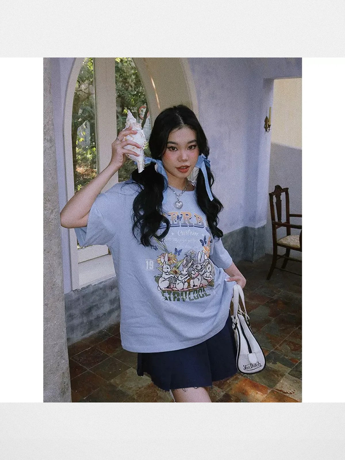 BeerBro Rabbit Graphic Oversized T Shirt in Sky Blue - On Model