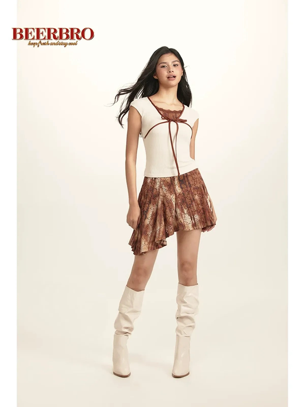 BeerBro Ribbon Tie Mock Two Piece Top in Apricot