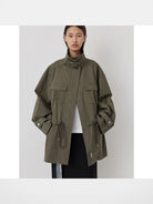 RandomPiece Heavyweight Cotton Twill Jacket in Olive - On Model