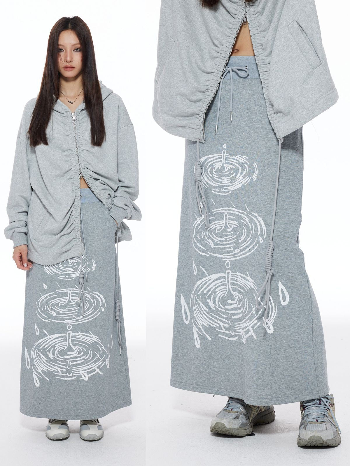 THELIGHT OFFICIAL Raindrop Vortex Print Maxi Skirt in Gray - On Model