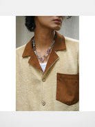 Retro 21 Spliced Wool Blend Knit Shirt in Cream - On Model