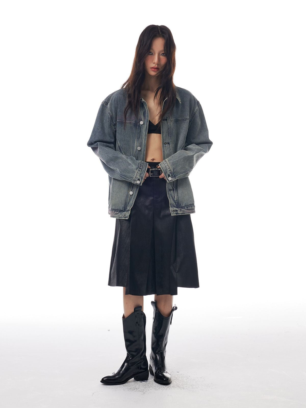 THELIGHT OFFICIAL Washed Distressed Denim Jacket in Blue - On Model