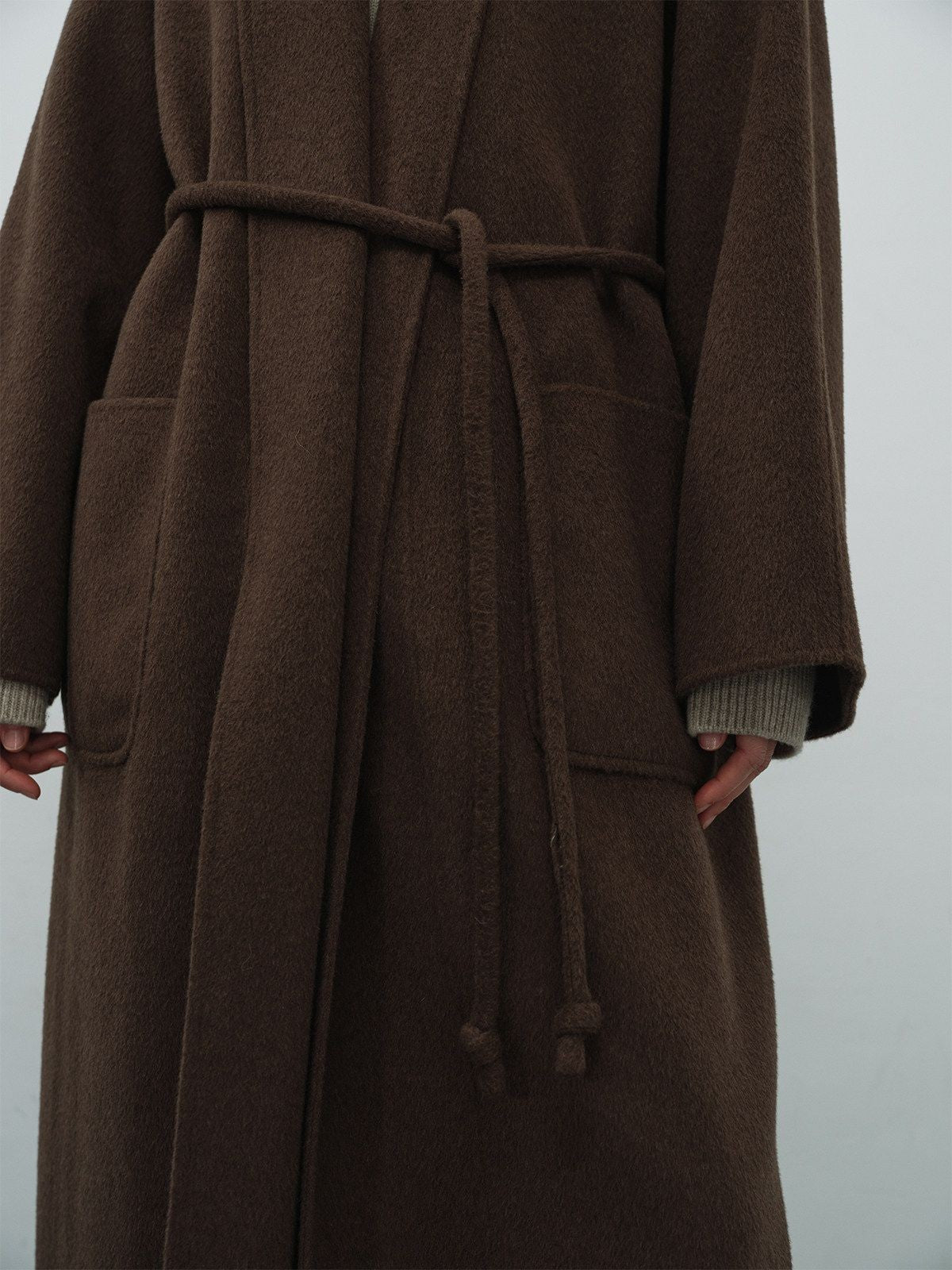 RandomPiece Merino Wool Camel Hair Robe Coat in Dark Brown - Detail