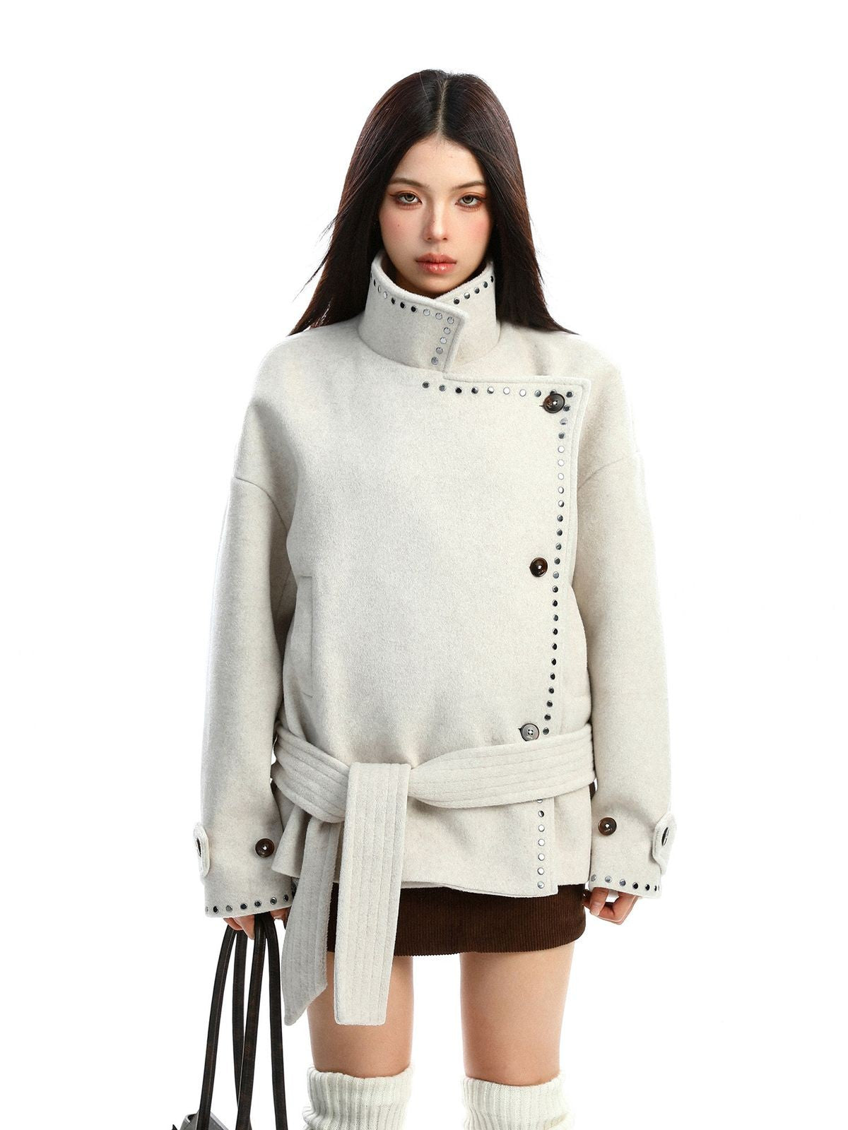 BIGGOLD STUDIO Studded Stand Collar Short Coat in White - On Model