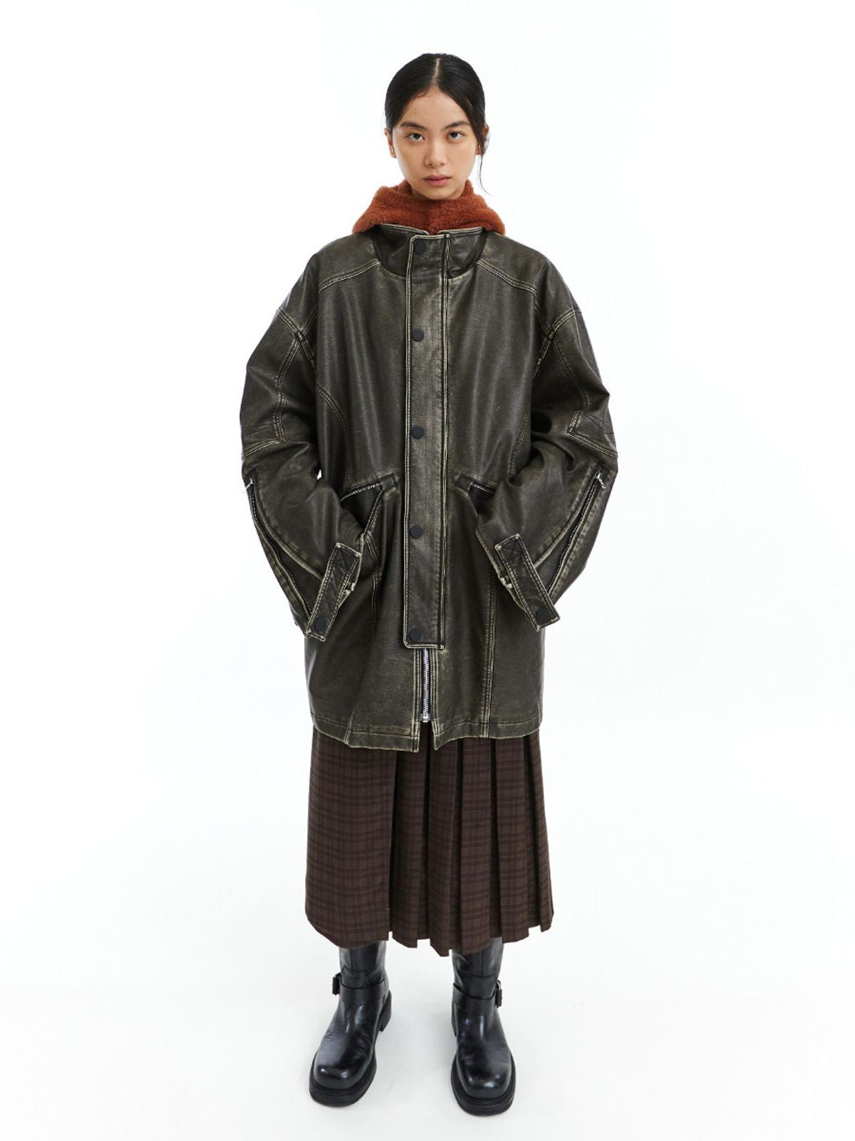 NeverSeez Distressed Faux Leather Barn Coat in Gray - On Female Model