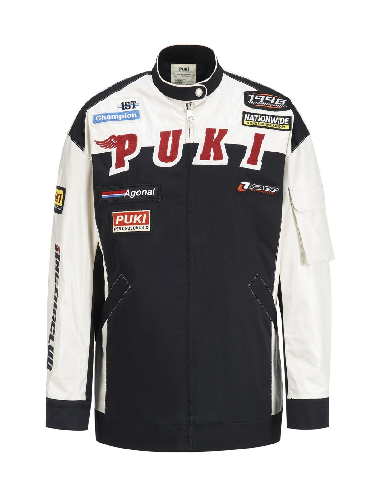 PUKI Embroidered PU Leather Racing Jacket in Black
