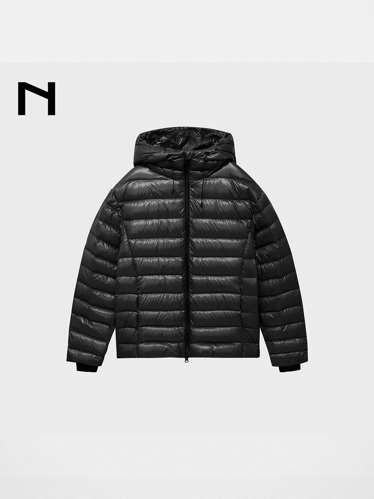 NANS Glossy Nylon Hooded Down Puffer in Black