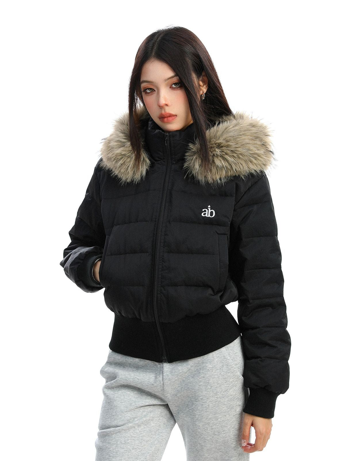 Big Gold studio Fur Trimmed Cropped Down Puffer in Black - On Model