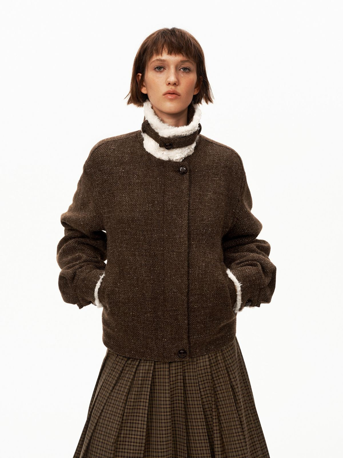 PUKI Textured Wool Blend Jacket in Brown - On Model