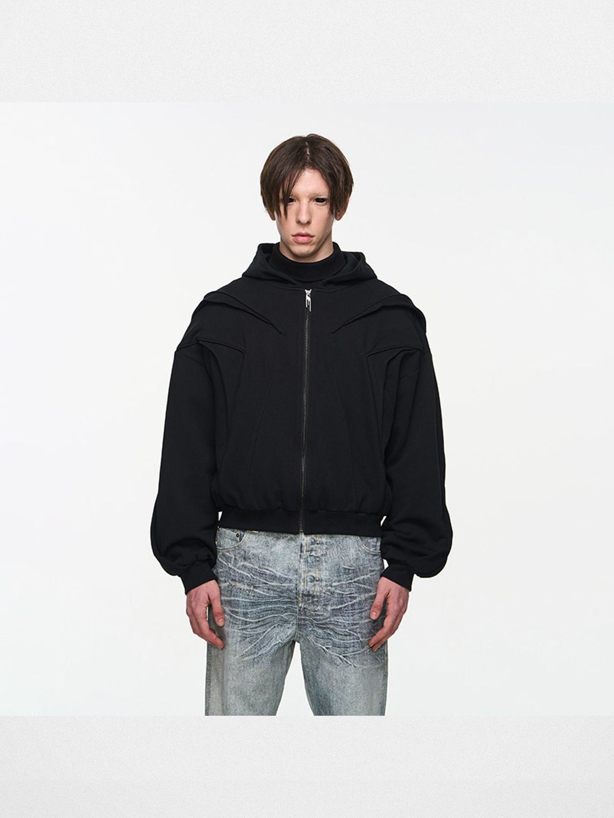 BLINDNOPLAN Multi Layer Structural Zip Hoodie in Black - On Model