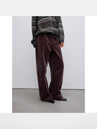 RandomPiece Air Washed Stretch Corduroy Pants in Burgundy - On Female Model