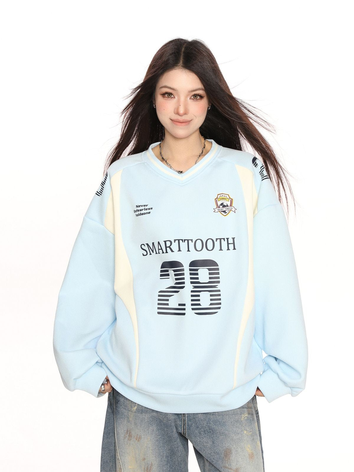Big Gold studio V Neck Graphic Jersey Sweatshirt in Sky Blue - On Model