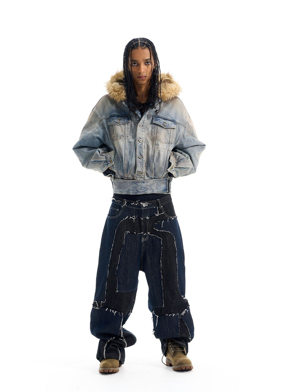 BLINDNOPLAN Washed Denim Faux Fur Collar Jacket in Blue - On Model