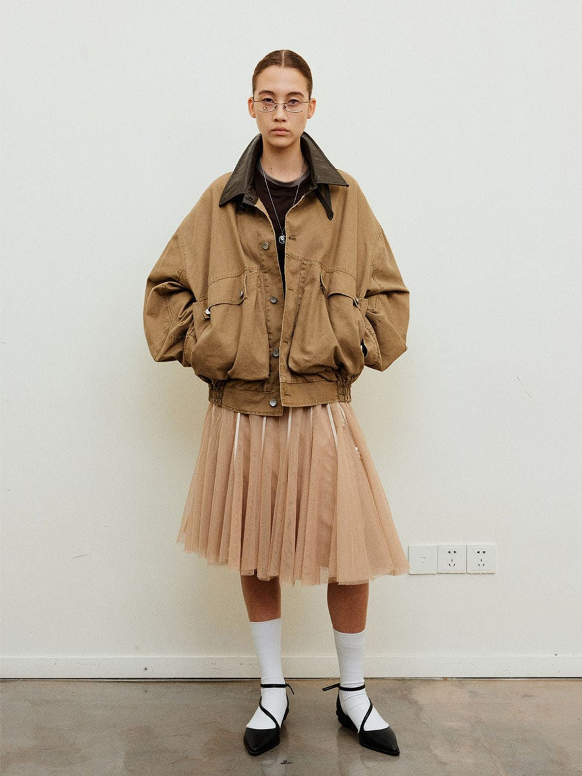 NeverSeez Faux Leather Collar Barn Jacket in Khaki - On Female Model