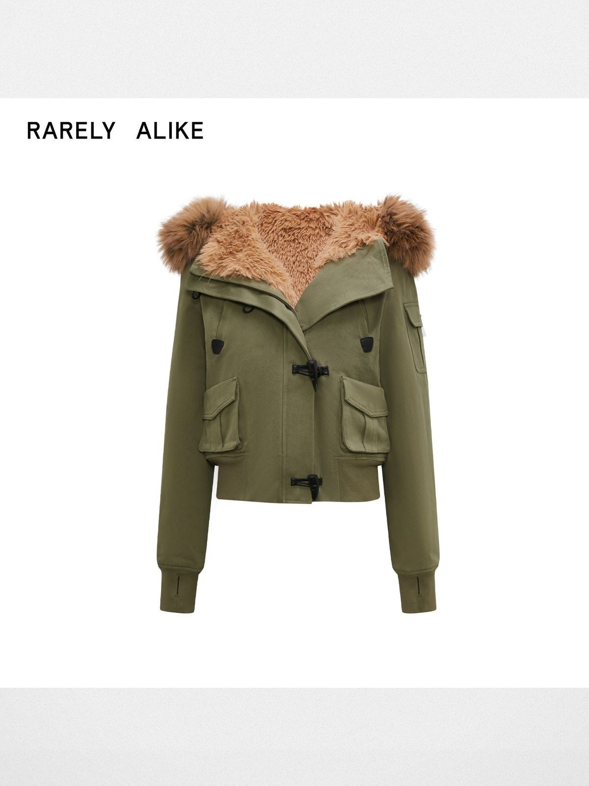 RARELY ALIKE Faux Fur Collar Cropped Jacket in Olive